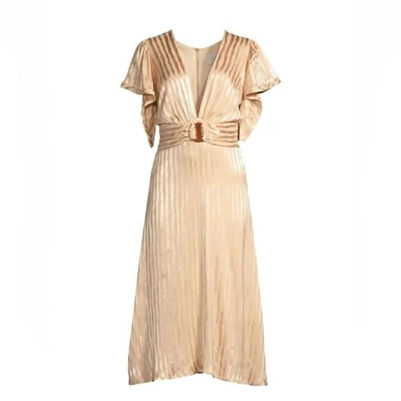 NWT womens AZULU golden stripes lesedi midi v neck ring ruffle dress size 2 - Picture 3 of 14